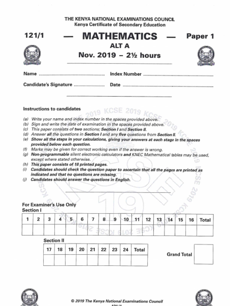 2019 KCSE Maths Paper 1 | PDF