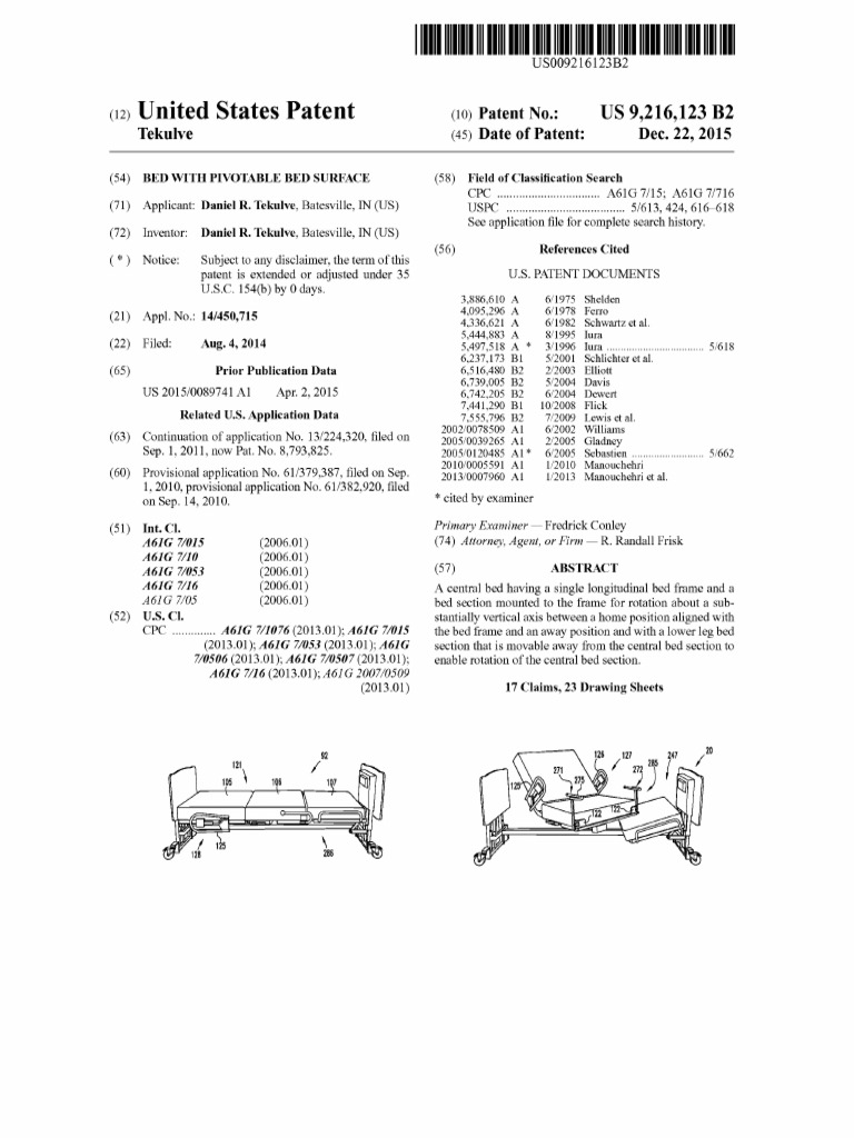 MED-MIZER US9216123 Bed With Pivotable Bed Surface | PDF | Axle | Bed