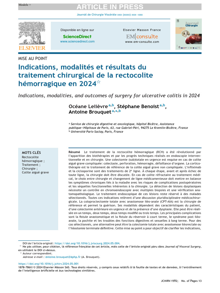 Chirurgie de la rectocolite hémorragique 2024 | PDF | Rectocolite ...