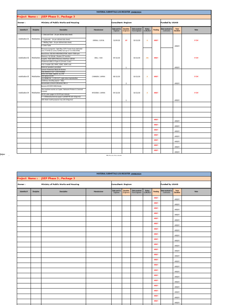 PKG 3 - Material Submitals Log | PDF