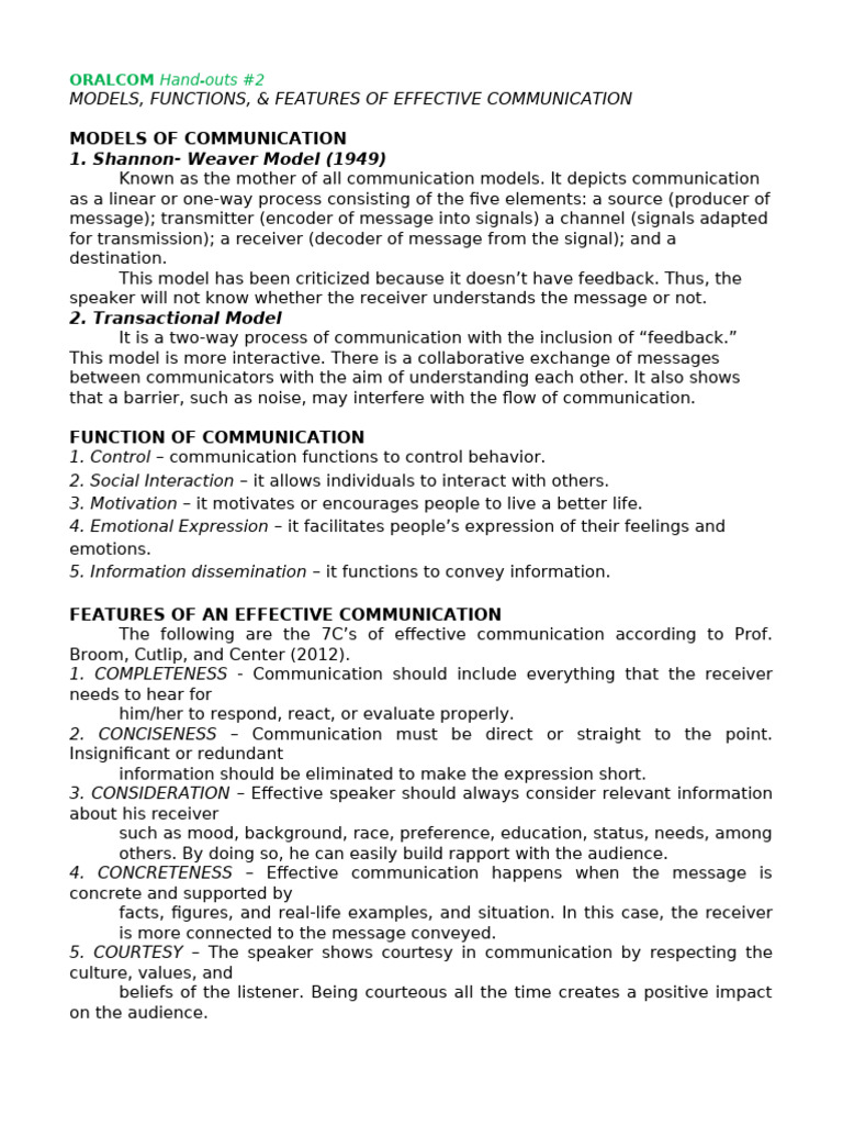 Models Functions Features of Effective Comm | PDF | Communication ...