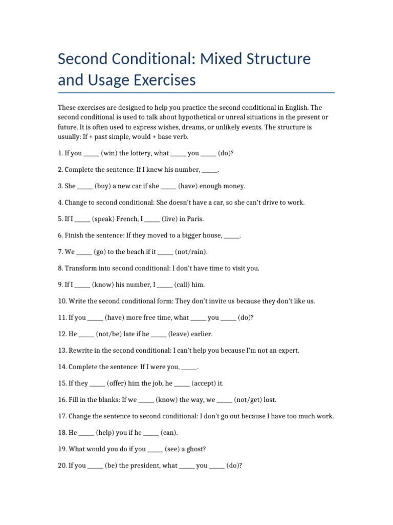 Second conditional mixed exercises pdf