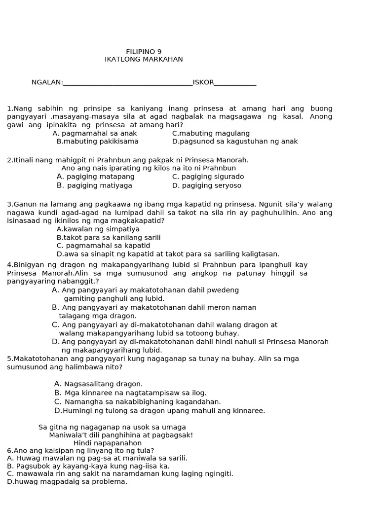 Filipino 9 3rd Quarter Exam | PDF