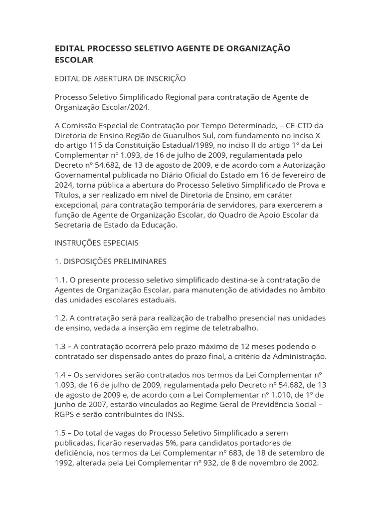Edital Processo Seletivo Agente de Organização Escolar | PDF