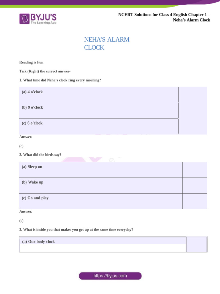 NCERT Solutions For Class 4 English 3may Chapter 1 Nehas Alarm Clock PDF
