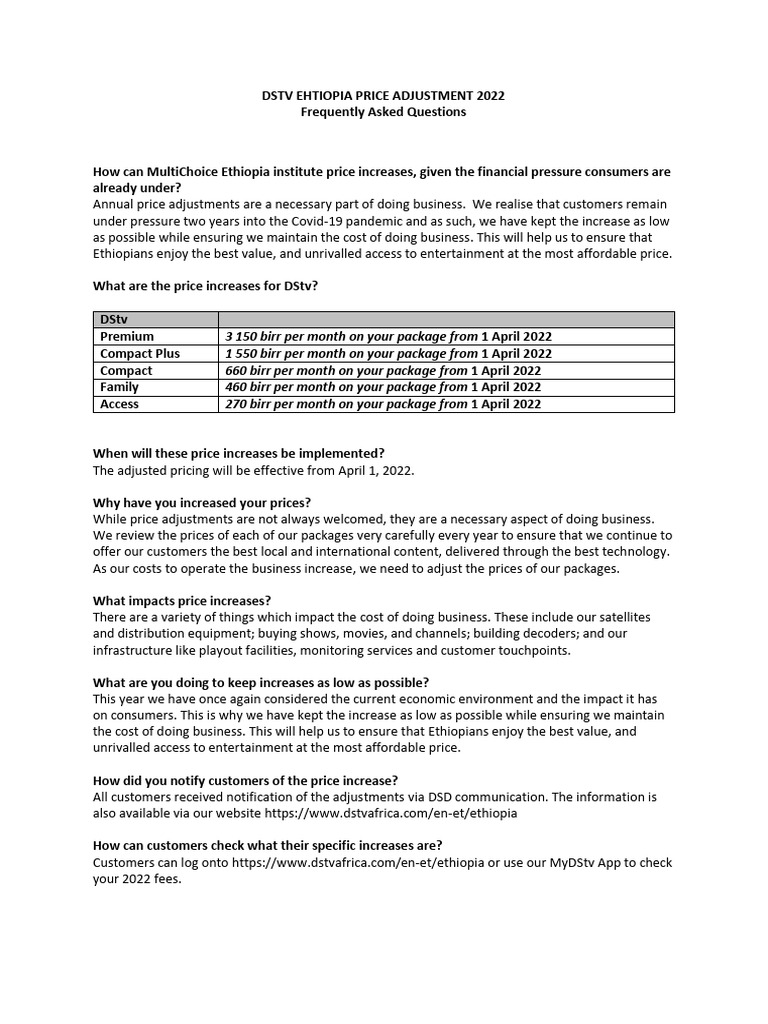 DSTV Price Adjustment Ethiopia External | PDF