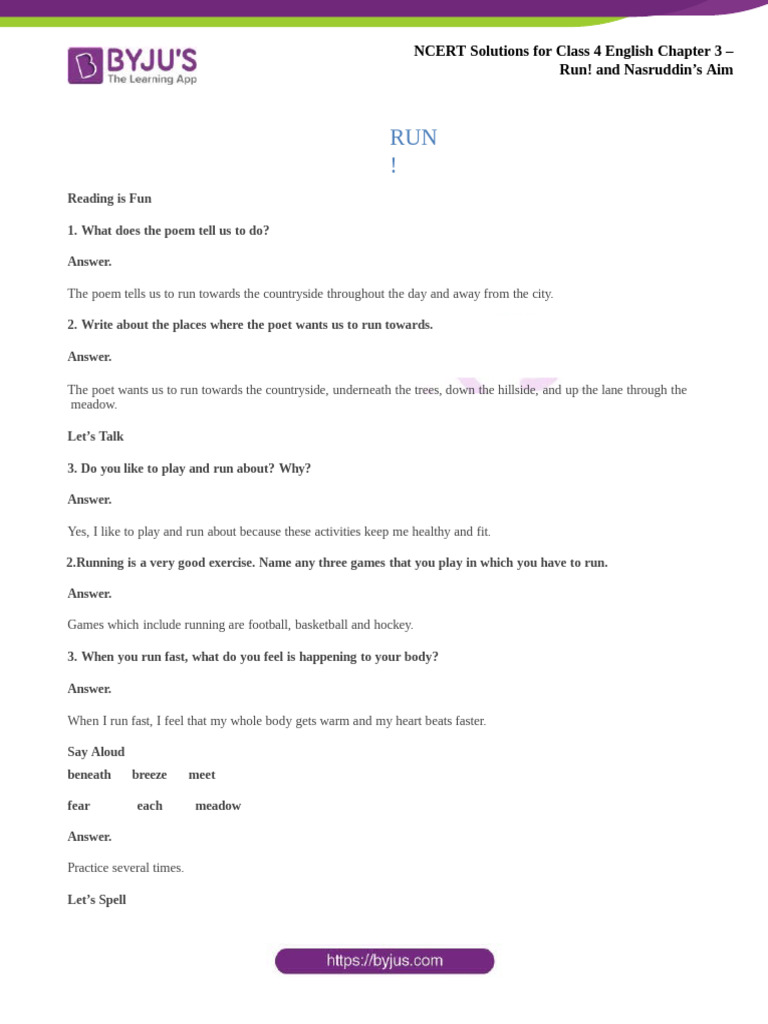 Ncert Solutions For Class 4 English 3may Chapter 3 Run and Nasruddins ...