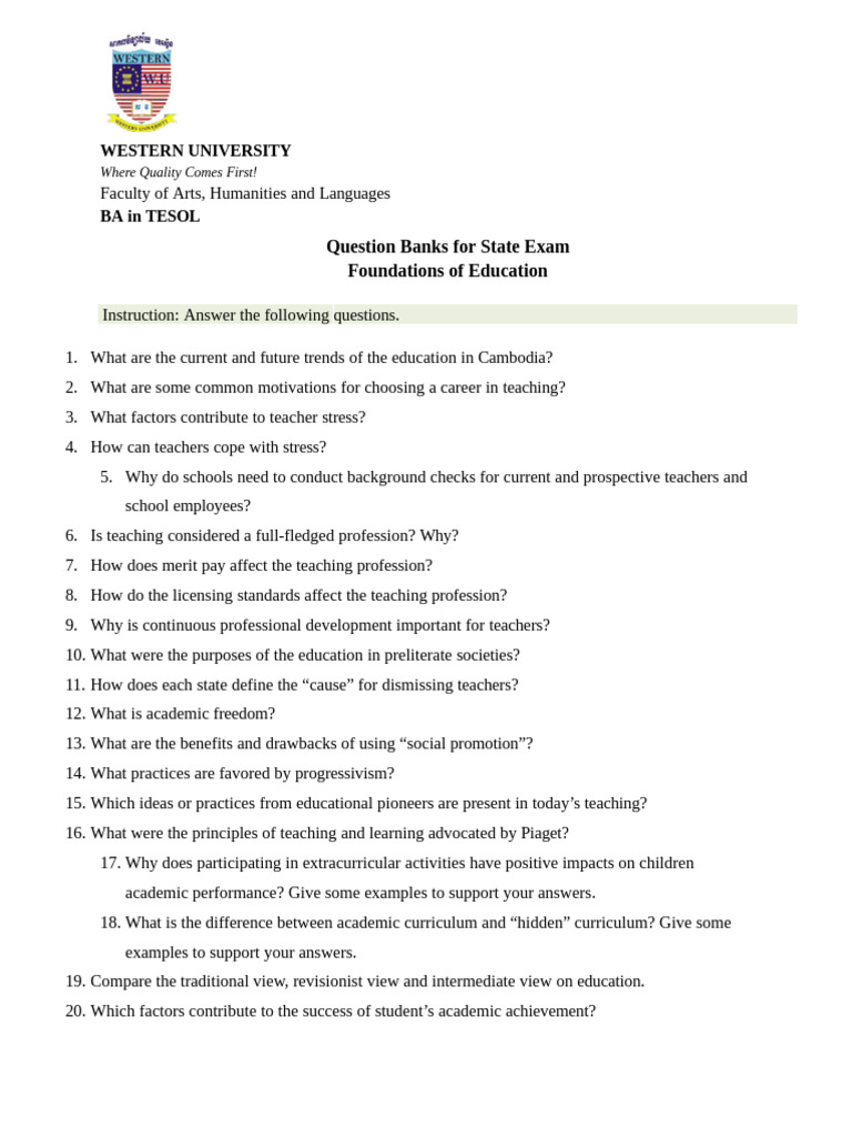 Question Bank - Foundations of Education 2024 | PDF