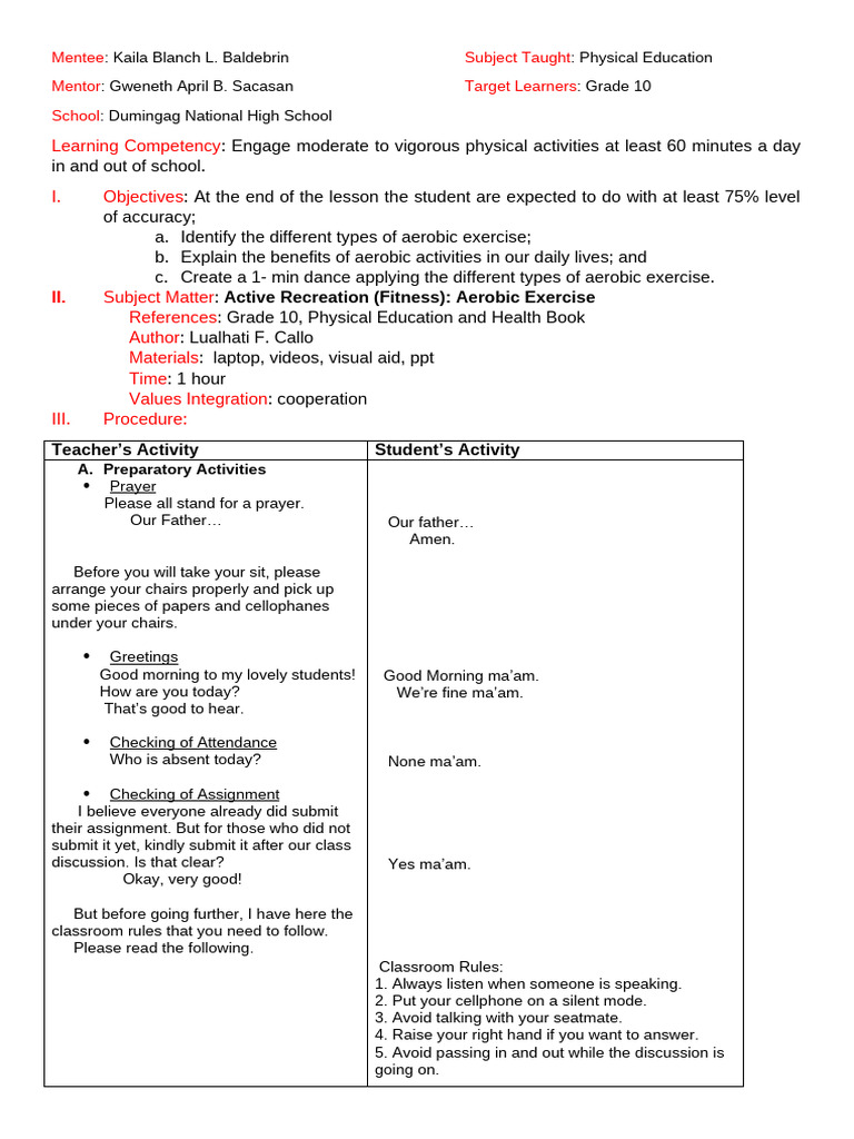 Grade 10 Aerobic Exercise Lesson Plan | PDF | Aerobic Exercise ...