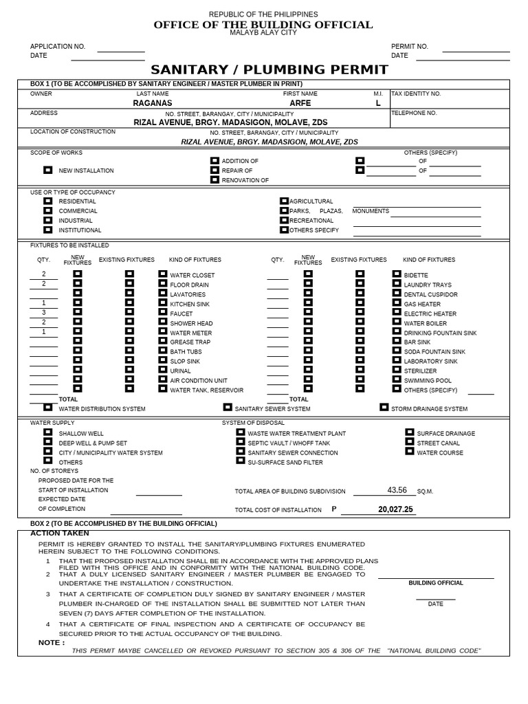 Sanitary Plumbing Permit Application Form | PDF | Plumbing ...