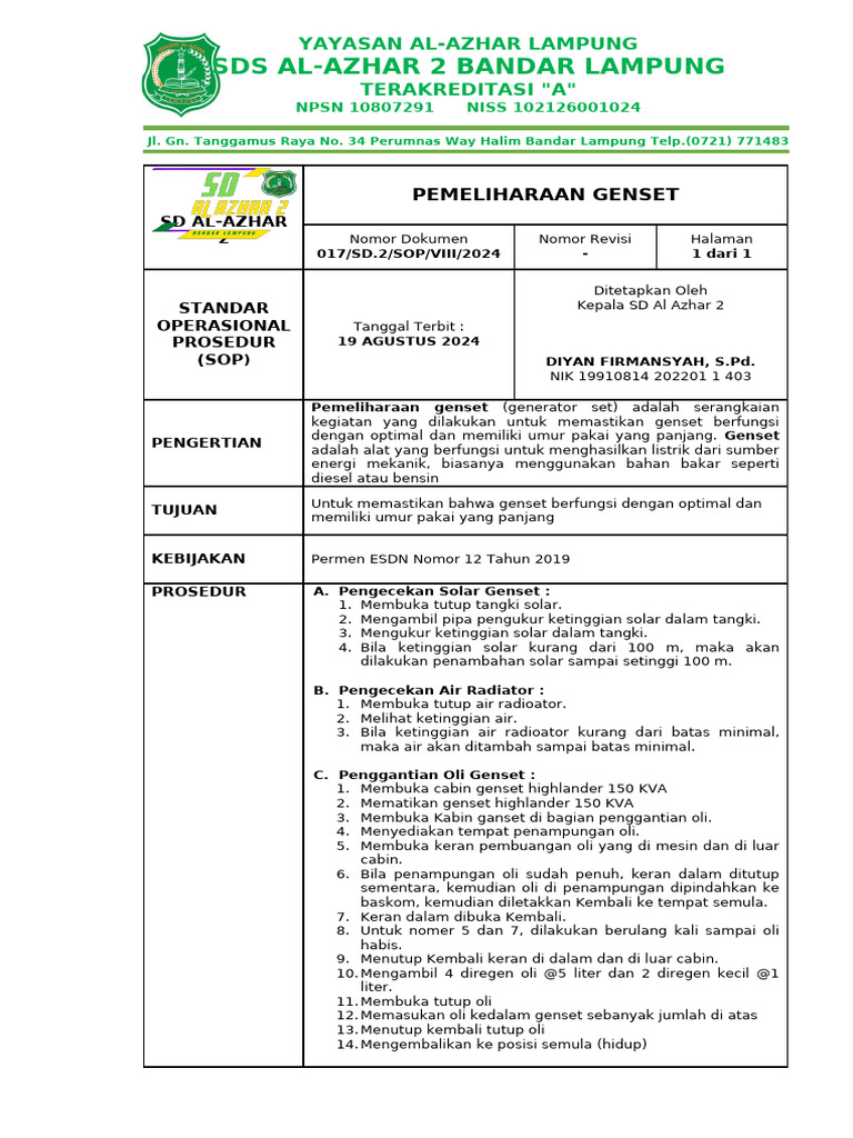 Sop Genset Pdf