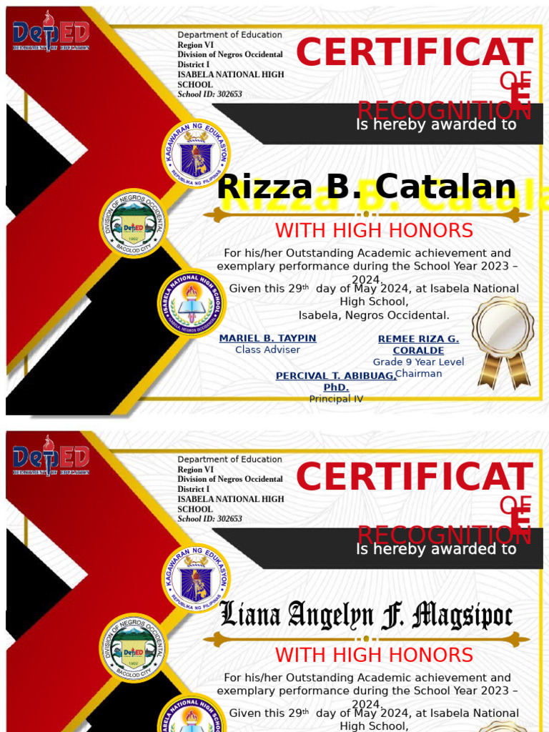 Certificate of Recognition Template 2023 2024 | PDF