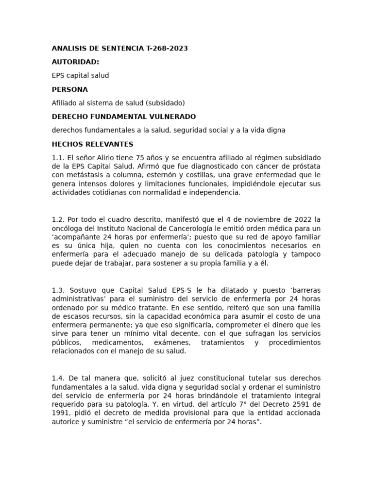 Analisis de Sentencia T - 268 de 2023 | PDF | Oncología | Ciencia y