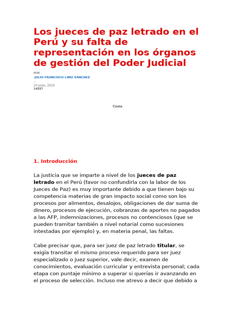 Los Jueces De Paz Letrado En El Perú Y Su Falta De Representación En