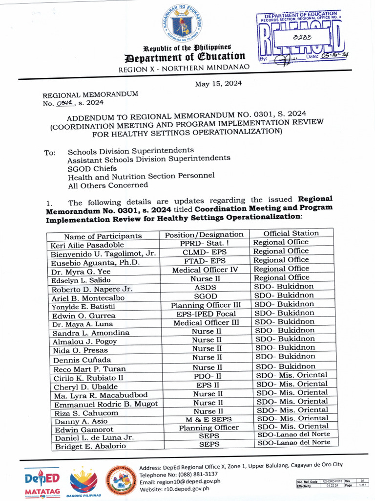 RM - 342 - Addendum To Regional Memorandum No 301 s2024 | PDF