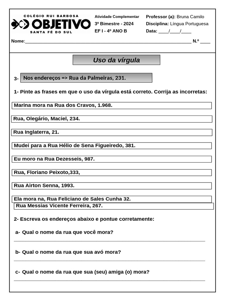Atividade sobre o uso da vírgula - 4º ano | PDF