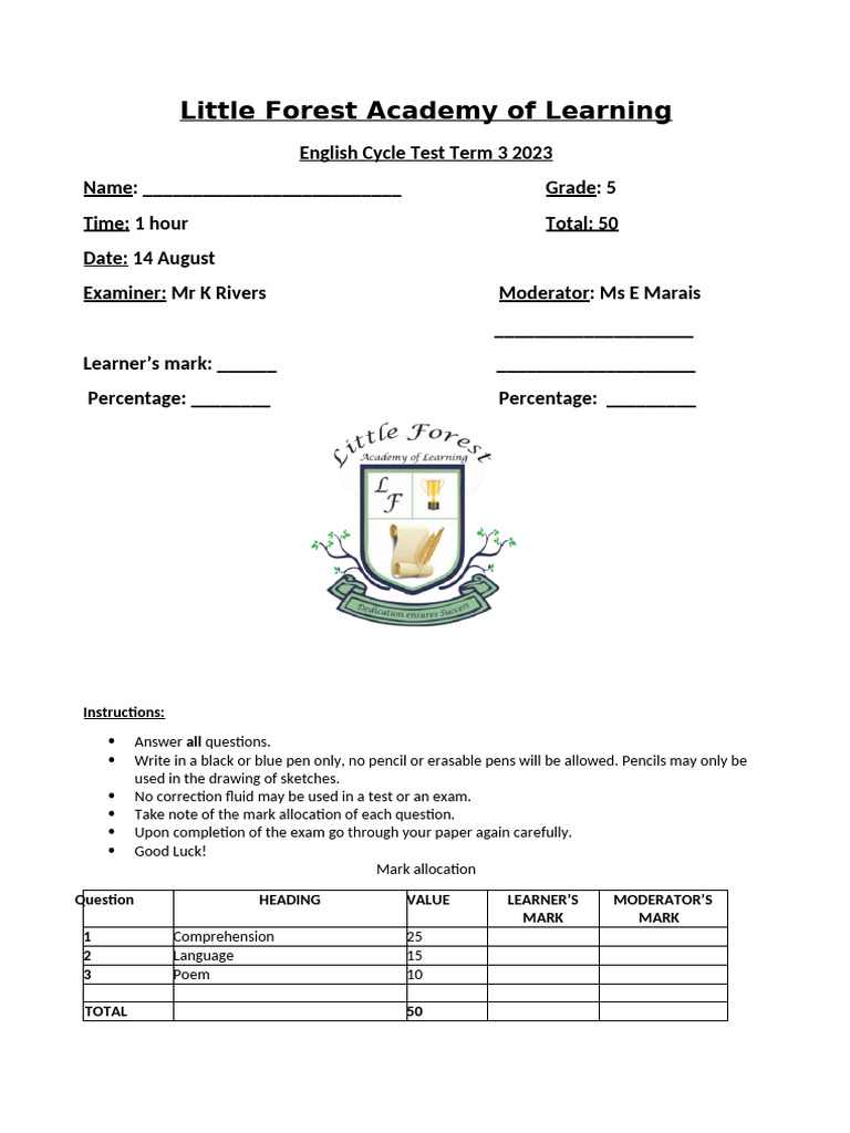 grade 5 english cycle test term 1