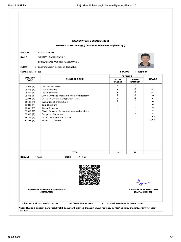 3rd Sem Marksheet | PDF