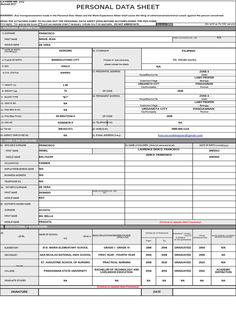 I. Personal Information: Female Married | PDF