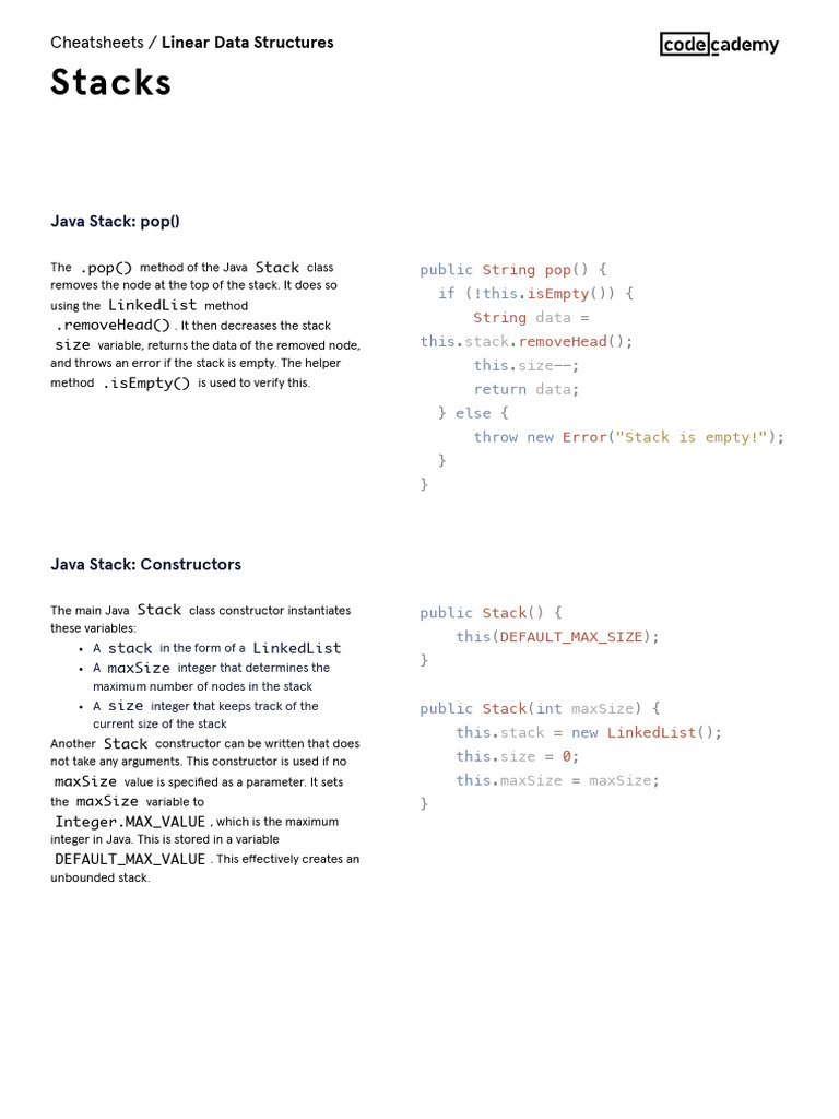Linear Data Structures - Stacks Cheatsheet - Codecademy | PDF