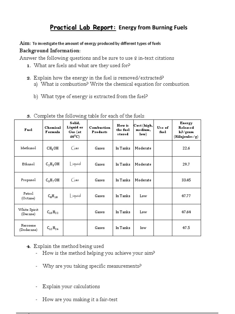 Practical Lab Report Typed Burning Fuels Fill in (1) Combustion Fuels