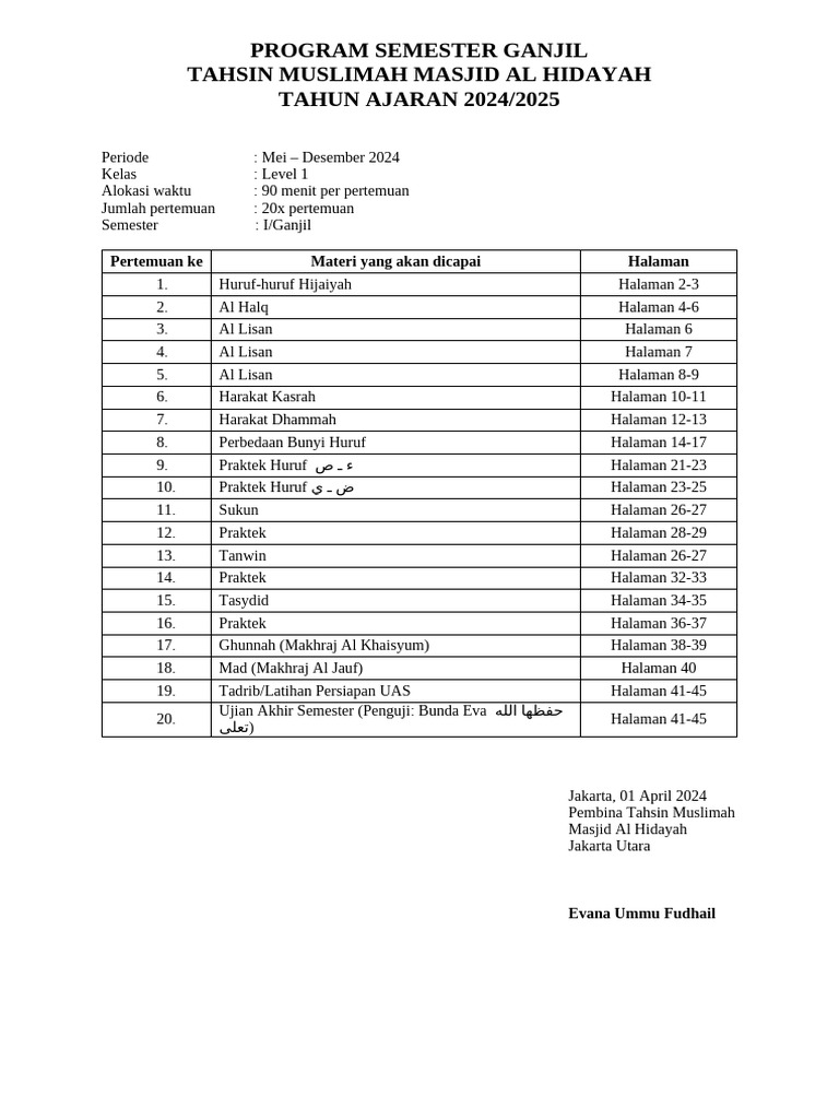 Program Semester Belajar Tahsin Pemula | PDF