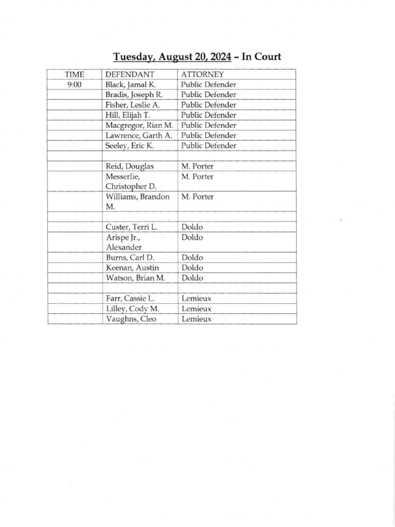 Court Schedule for August 20, 2024 PDF
