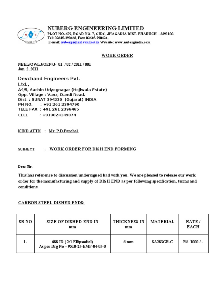 Work Order for Dish End Forming | PDF | Technology & Engineering