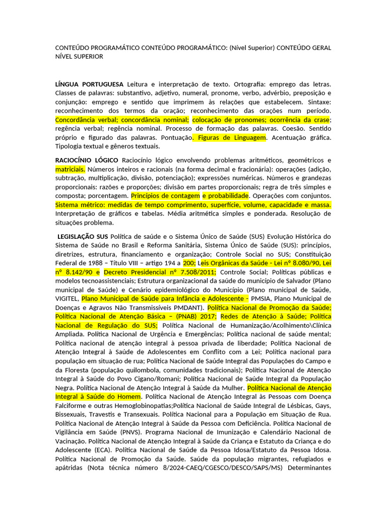 Conteúdo Programático Salvador Concurso 2024 | PDF