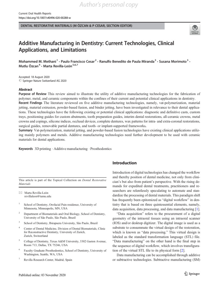 Additive Manufacturing in Dentistry Curr | PDF