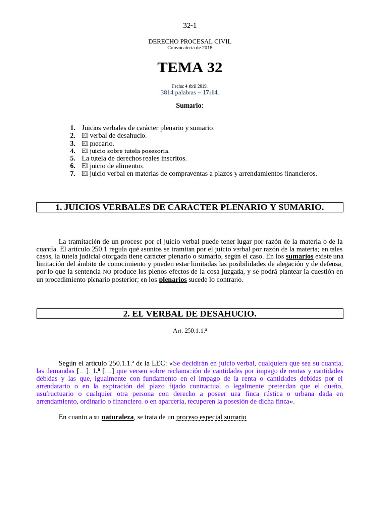Tema 32 - Juicio Verbal (Y II) - Juicios Verbales Especiales | PDF