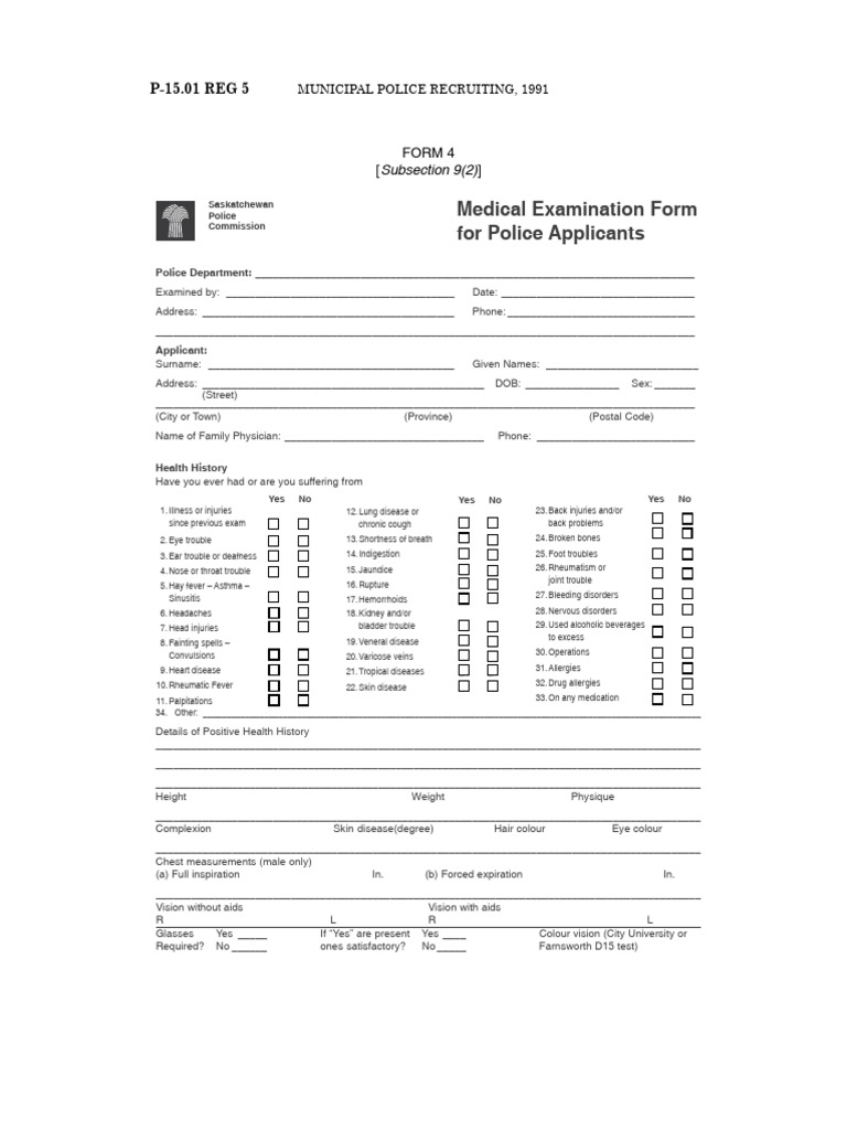 Medical Examination Form For Police Applicants: P-15.01 REG 5 | PDF