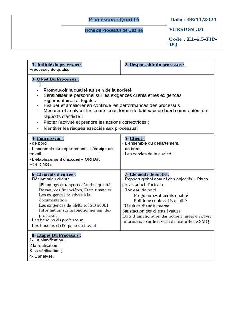 Fiche Processus Quaite (FIP) | PDF