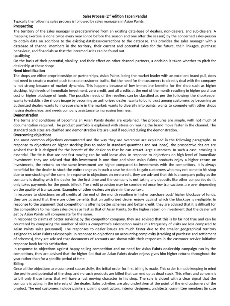 Personal Selling Process Asian Paints Pdf