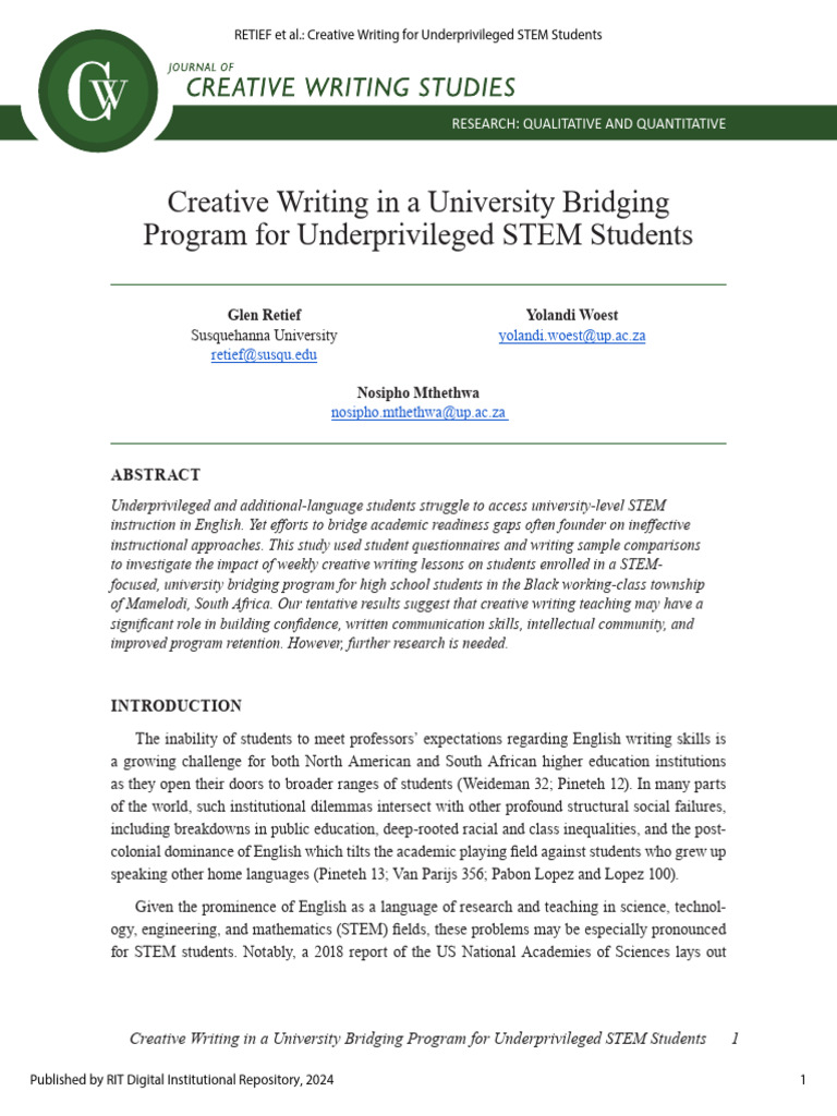 Creative Writing for Underprivileged STEM Students | PDF | Creative ...