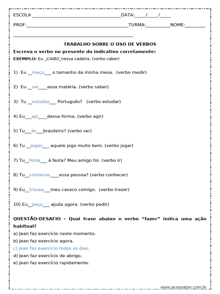 Atividade de Português Verbo No Presente Do Indicativo 7º Ano Com ...