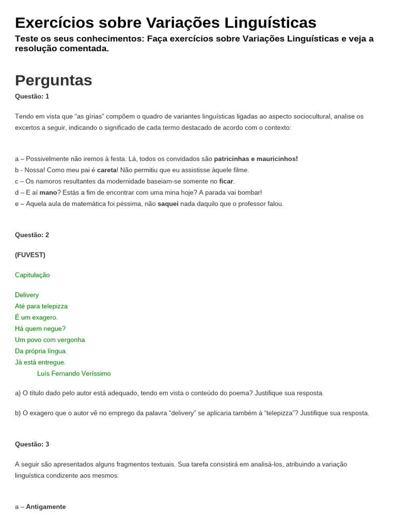 Exercícios sobre Variações Linguísticas | PDF