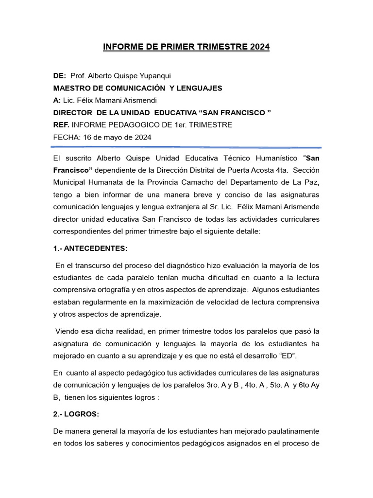 Informe de Primer Trimestre 2024 | PDF