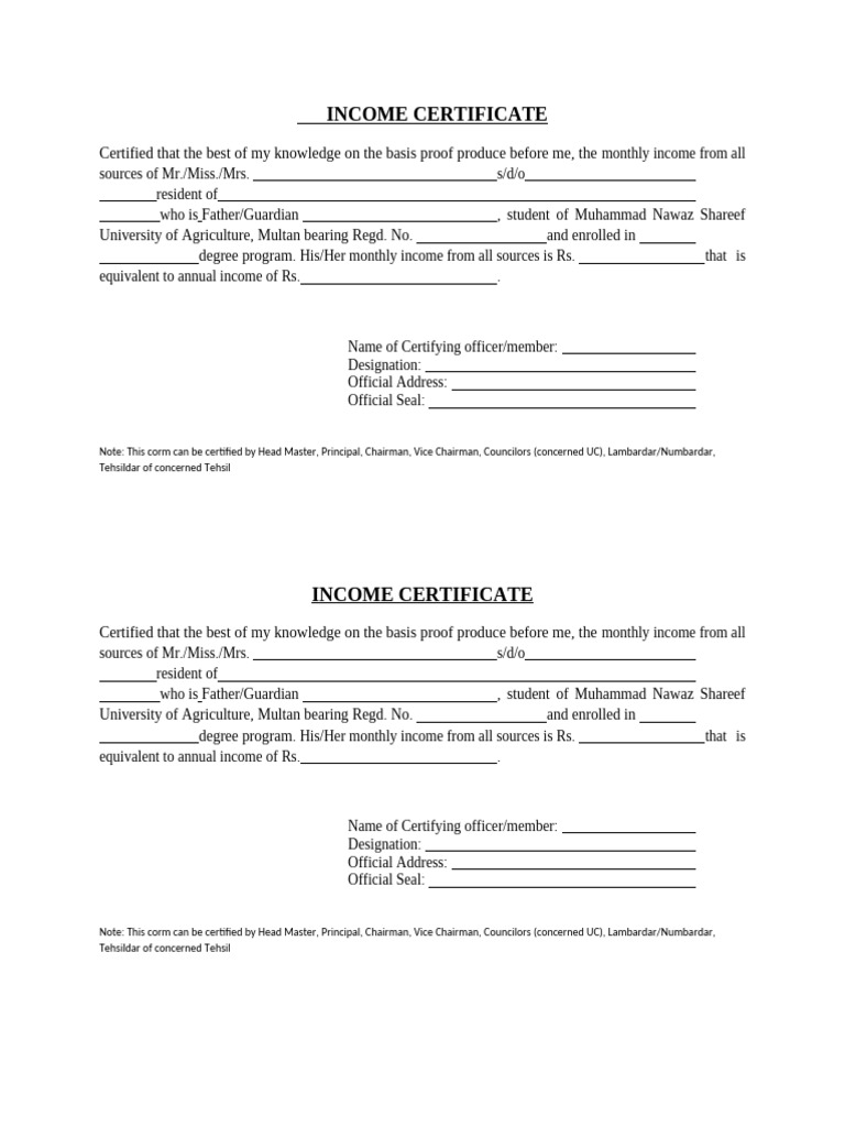 Income certificate pdf