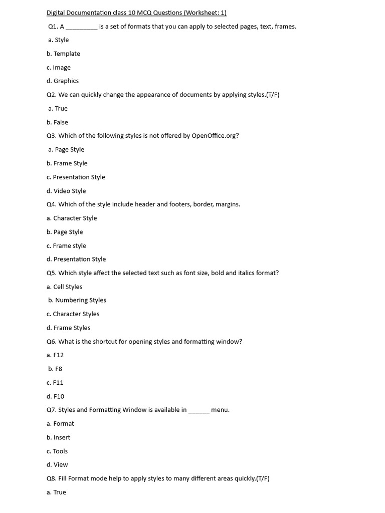 Digital Documentation Class 10 MCQ Questions | PDF