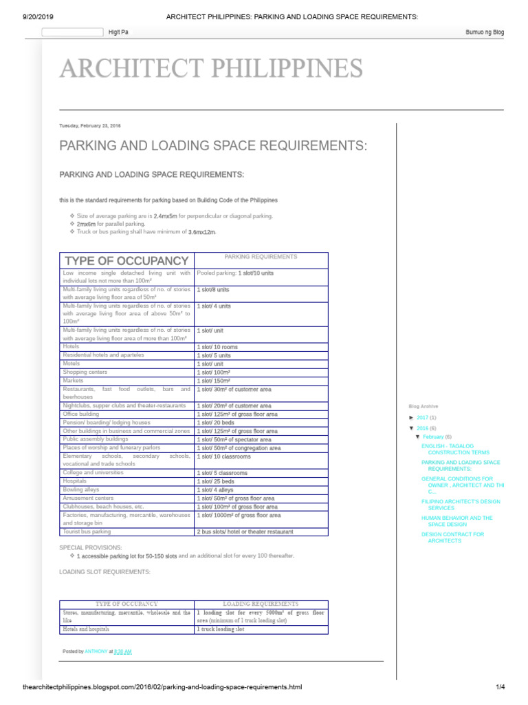 Architect Philippines - Parking and Loading Space Requirements | PDF
