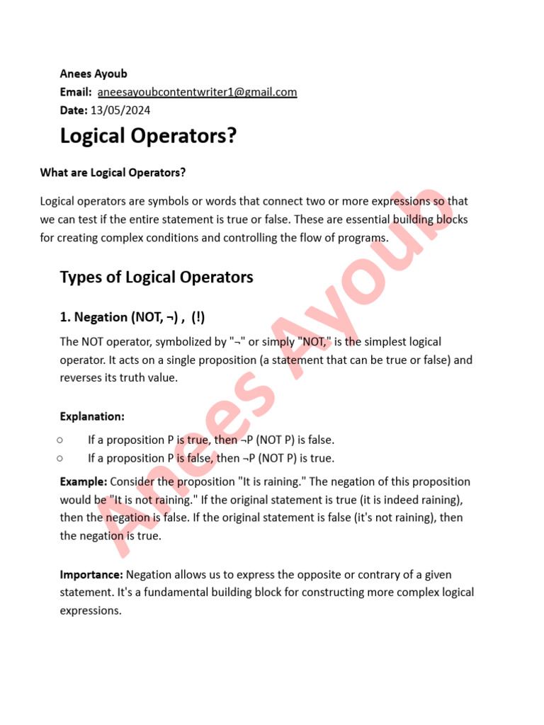 Logical Operators, Types Practice Example | PDF