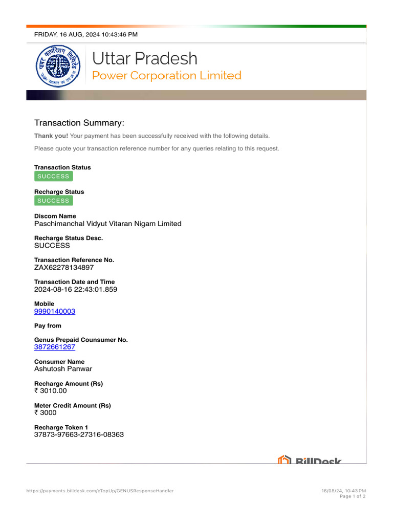Successful Payment Summary for Recharge | PDF