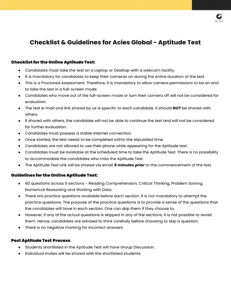Checklist & Guidelines - Acies Global - Aptitude Test | PDF