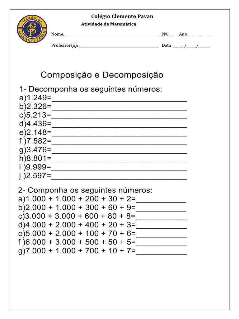 Atividade Matemática Decompondo Números | PDF