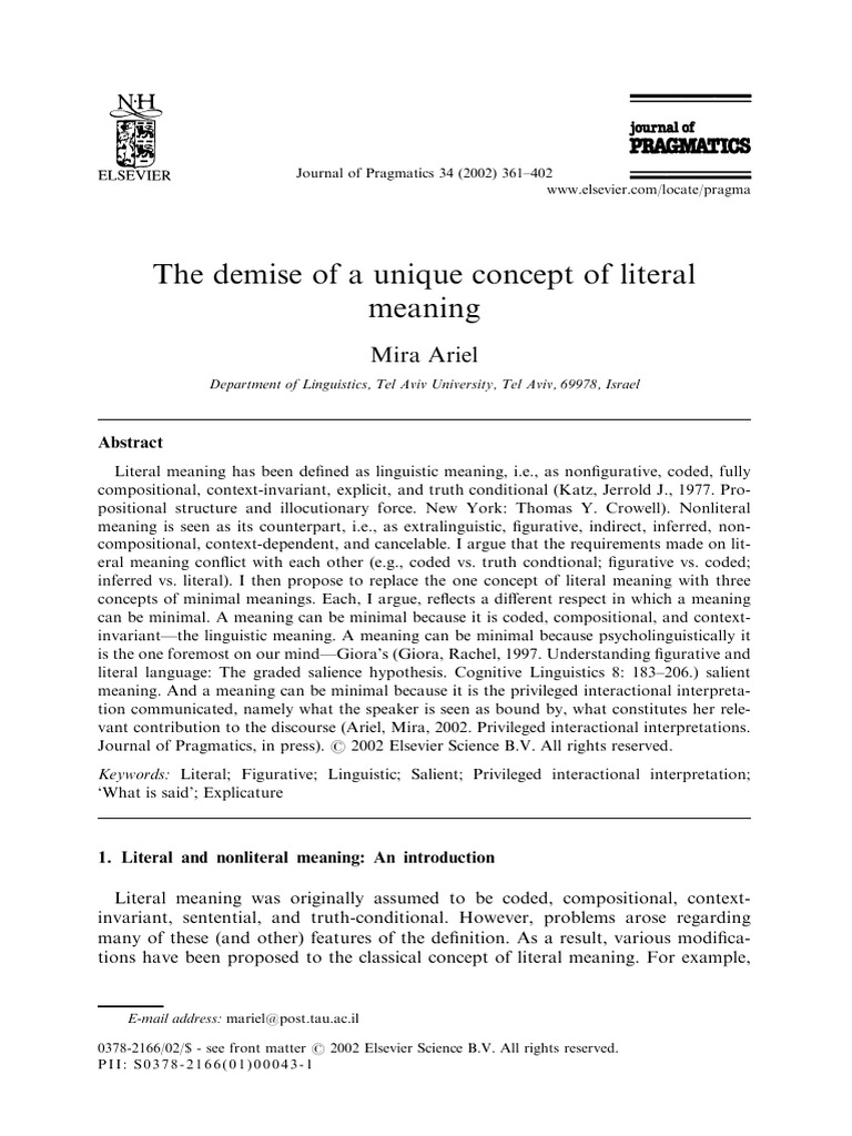 The demise of a unique concept of literal meaning ariel m 2002 pdf
