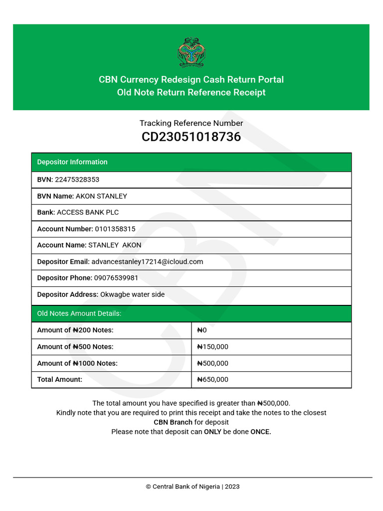 Cash Return Request Details CBN Currency Redesign Cash Return Portal | PDF