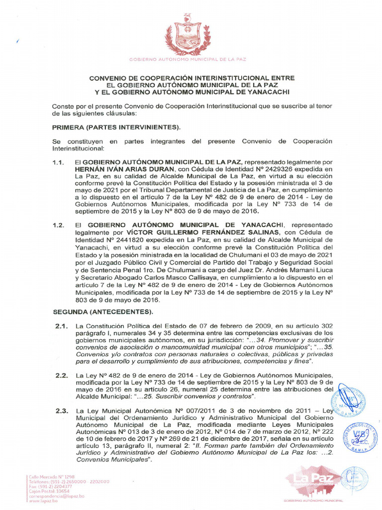 Convenio Interinstitucional Gam La Paz Y Gam De Yanacachi Pdf