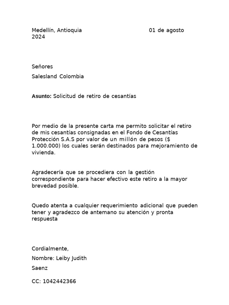 Ejemplo De Carta Retiro De Cesantias Iess