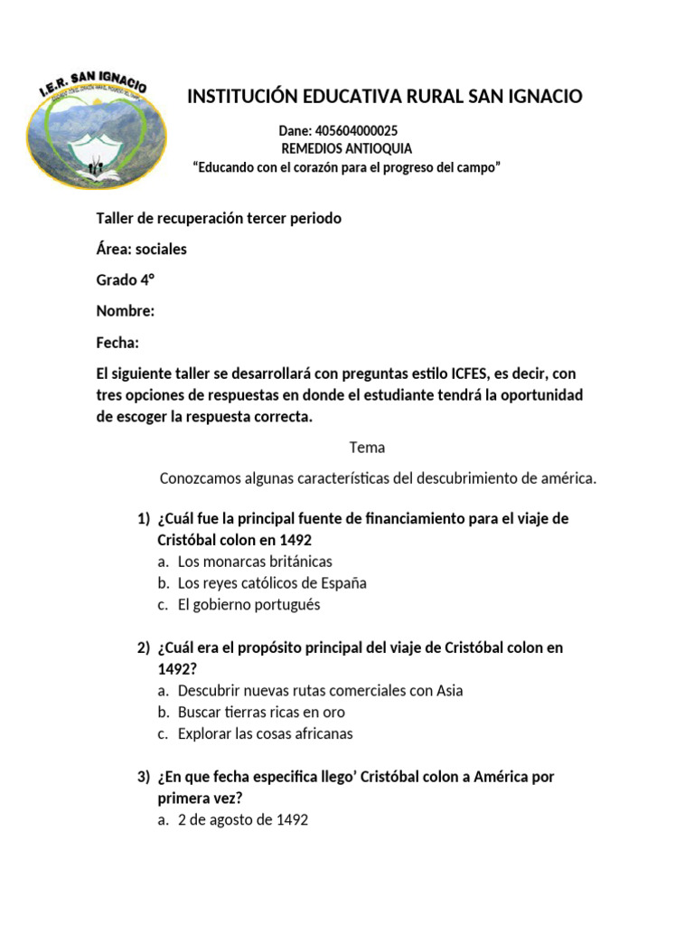 Taller de Recuperacion Sociales Grado 4° Tercer Periodo | PDF